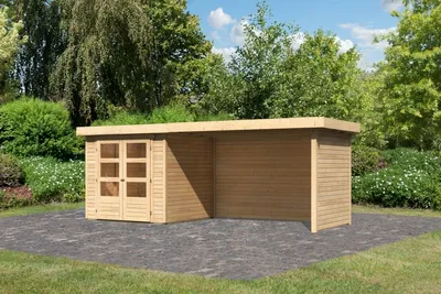 Produktbild von Karibu Gartenhaus Gerätehaus Askola 2 im Set mit Anbaudach 2,80 m Breite und 19 mm Seiten- Rückwand naturbelassen 468x217x211 cm
