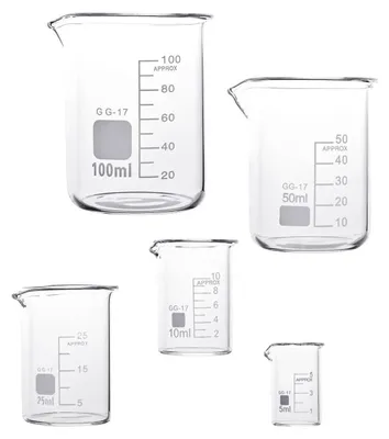 Obrázek produktu pro Sada pěti odměrných sklenic s různými objemy (5 ml - 100 ml), vyrobené z borosilikátového skla, odolné vůči teplu