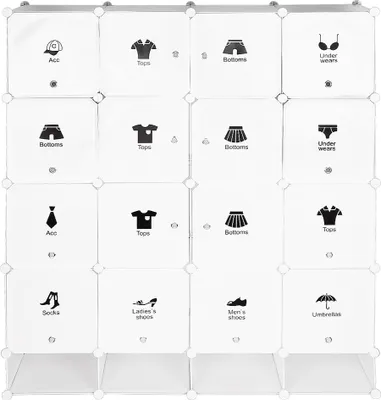 Produktbild von JEOBEST Kleiderschrank DIY - 16-Cube Kleiderschrank| Wardrobe Rack Steckregal Garderobe Badregal Weiß 183x37x147cm