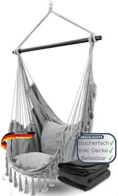 Produktbild von Hängesessel Indoor ohne Gestell MELA - Mit Kuscheldecke & Bücherfach | Hängestuhl mit Kissen Hängeschaukel Outdoor bis 120kg, Grau