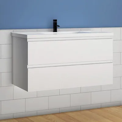 Produktbild von Waschtisch mit Unterschrank 100 cm Waschbecken Keramik mit Unterschrank Aalst-Matt Serie Weiß Matt