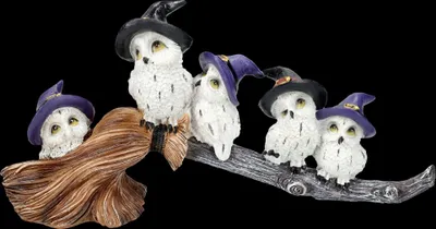 Produktbild von Lustige Eulen Figuren auf Hexenbesen - - Höhe: 12 cm Hexen Deko Magische Begleiter