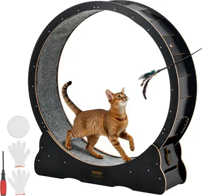 Image de Roue d'exercice pour chats VEVOR, diamètre intérieur 1080 mm, roue d'exercice en bois pour chats de 8,6-12,7 kg, tapis d'exercice pour chats avec surface de course en moquette & mécanisme de verrouillage, jouet silencieux pour chats d'appartement, noir