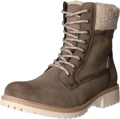 A single brown boot with beige fur lining and laces is shown against a white background.