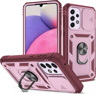 Produktbild von Galaxy A33 5G Hülle, Schiebe Kamera Schutz Robust Schutzhülle mit Ringhalterung Ständer Kartenhalter für Samsung Galaxy A33 5G Rosa
