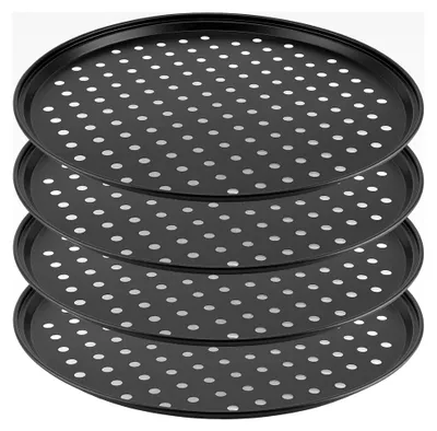 Produktbild von 4 Stück runde Pizzableche 32 cm, Antihaft-Pizzableche mit Löchern, perforierte Pizzaformen Kohlenstoffstahl