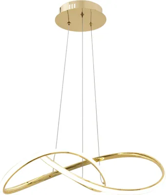 A modern gold pendant light with an infinity loop design.