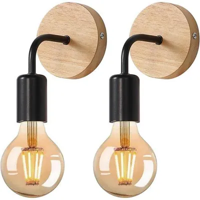 Produktbild von 2 Stück Holzleuchten - Retro-Industriele Wandlampe - E27 Retro-Innenbeleuchtung - Schwarz - Für Schlafzimmer, Eingang, Wohnzimmer