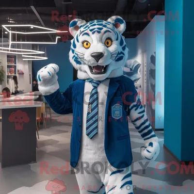 Produktbild von Blauer REDBROKOLY Tiger Maskottchen Kostüm Charakter gekleidet mit einem Blazer und Ohrringen