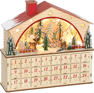 Image de HOMCOM Calendrier de l'Avent lumineux en bois, calendrier de l'Avent à remplir avec 24 tiroirs, décoration de Noël réutilisable avec scène de village, fonctionne à piles, bois naturel