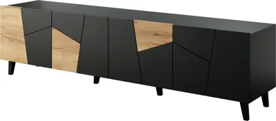 Produktbild von TV Schrank ETOS 200 cm 4D SCHWARZ MATT / CRAFT EICHE mit Schwarze Beine 4 Türen Lowboard TV Stand TV Tisch Sideboard Kommode MDF Hi-Fi Tisch Modern Loft Industrie Design