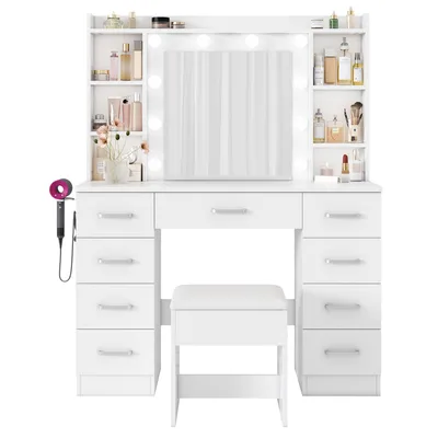 Immagine prodotto di AIORBER Tavolo da trucco con specchio LED e sgabello, toeletta con 9 cassetti, 3 modalità di illuminazione dimmerabili, tavolo da trucco con ripiani e supporto per asciugacapelli Bianco