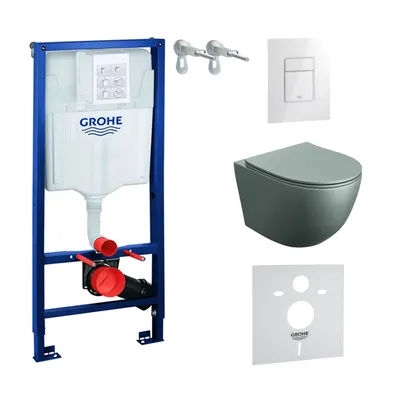 Produktbild von GROHE Vorwandelement Solido + Wand Hänge WC Sinto Grau Spülrandlos + WC-Sitz SoftClose | Glänzend Weiß Knopf | Komplettset | Unterputz Spülkasten | Toilette Komplett Sett