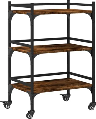 A three-tiered rolling cart with a rustic wood finish and black metal frame, presented against a white background.