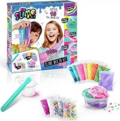 A slime making kit box and its contents are displayed.