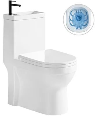 Produktbild von WC-Set Kombination mit Waschbecken Hygisink, randlos + UF-Toilettendeckel - Boden-/Rückwandanschluss - weiß, glänzend + Armatur Tiziana, niedrig - schwarz, matt - 71,5 x 36 cm