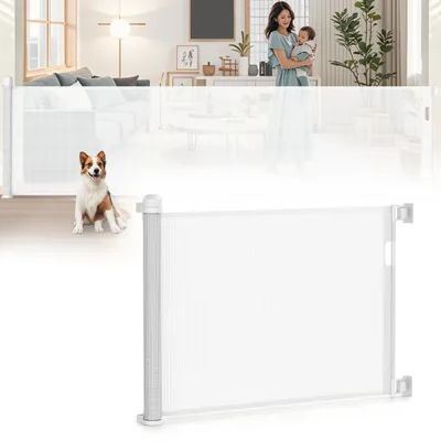 Produktbild von XINZI Einziehbares Treppenschutzgitter bis 150cm Weiß, PVC Türschutzgitter mit Doppelschloss & Einhandbedienung für Kinder & Haustiere