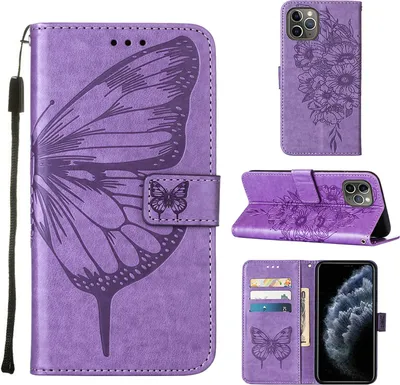 Produktbild von iPhone 11 Pro Hülle, Schmetterling Prägung Flip Leder Kartenfächer Schutzhülle Ledertasche mit Ständer für iPhone 11 Pro Violett