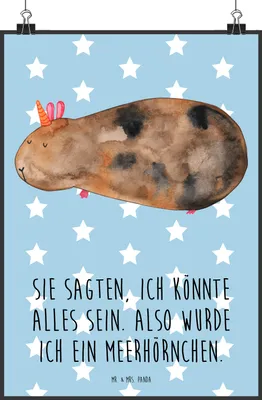 Produktbild von Mr. & Mrs. Panda Bild Einhorn Meerschweinchen DIN A2 - Blau Pastell - Geschenk, Plakat, Meerhörnchen, Meerschwein, Wandbild, Unicorn, drucke, Design Poster, Einhörner