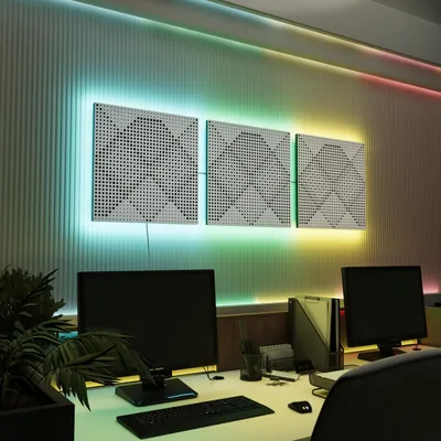 Obrázek produktu pro Sada 3 ks akustických LED panelů s RGB podsvícením pro Echo Control | Zvukově izolační panely s podsvícením | 3x WILDS – samostatně | Bílá