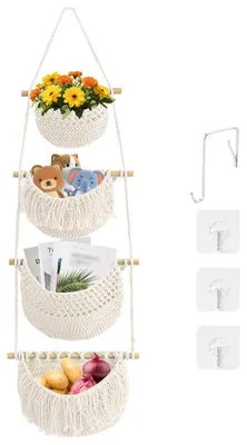 Image de Organiseur mural à 4 niveaux, panier mural en corde de coton avec 4 crochets, corbeille à fruits amovible, décoration bohème pour la cuisine, la chambre d'enfant et le salon, beige