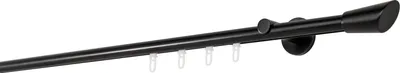 A black curtain rod with attached curtain hooks, mounted on a white background.