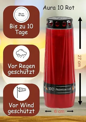 Produktbild von Aura Grabkerze Nr. 10 ,rot, Brenndauer von bis zu 10 Tage (8 Stück), Gedenkkerze, Grablicht, Friedhofskerze, Totenlicht, Friedhofskerze (Rot)