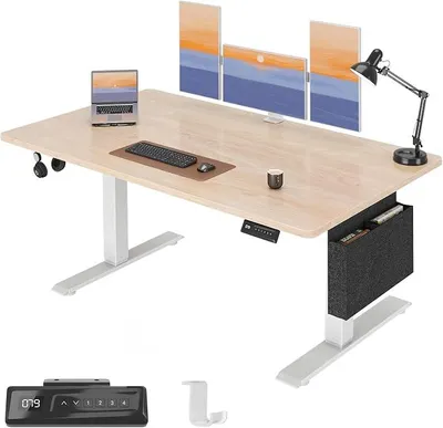 Imagen del producto de Escritorio de altura ajustable, eléctrico, de 140x60 cm. Escritorio estable con bolsa de almacenamiento, función de memoria con 4 ajustes de altura, escritorio para teletrabajo, escritorio de pie, color beige