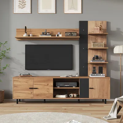 Productafbeelding van TV-meubelset, 187,5 x 40 x 167 cm, met vitrine, mediawand, TV-meubel, planken, 3 kastjes, open vakken, wandmeubel, woonkamerwand, geschikt voor televisies tot 80 inch