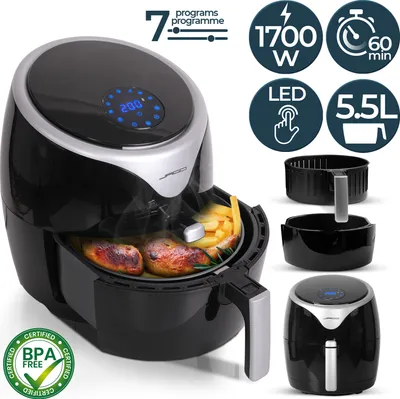 Produktbild von Jago® XXL 7in1 Heißluftfritteuse 5.5L - 1700 Watt, LED Display mit Touchscreen, 7 Programme, 60 min Timer, Ohne ÖL, Schwarz - Airfryer, Heißluft, Fritteuse, Heißluftofen, Backofen, Dehydrator, Grill