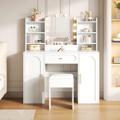 Produktbild von Merax Schminktisch mit LED-Beleuchtung und Spiegel, Einstellbare Helligkeit, Schublade und 2 Türen, Hocker, Kosmetiktisch, Schminkkommode, Weiß