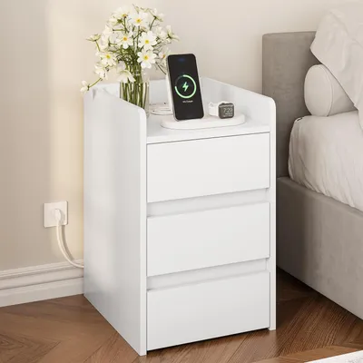 Image de Table de chevet avec 3 tiroirs et 2 ports USB, dimensions 35 x 40 x 60 cm, couleur blanche