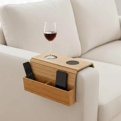 Produktbild von Holzbanklehnenplatte, tragbares Bankplatte mit Trinkbecherhalter, Anti-Slip Lehnenablage für Bankorganizer, Snacks und Getränkebecher.