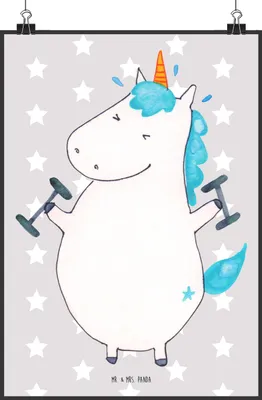 Produktbild von Mr. & Mrs. Panda Bild Einhorn Fitness DIN A2 - Grau Pastell - Geschenk, Unicorn, Kunstdruck, Fitnessstudio, Abnehmen, Plakat, wanddeko, Sport, Sixpack, drucke, wandkunst