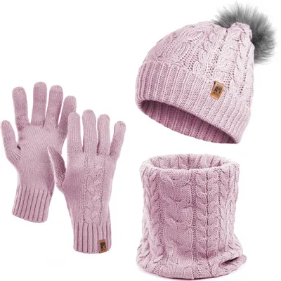 Produktbild von Damen Wintermütze Schlauchschal Handschuhe 3 teiliges Set | Warme Winter Mütze Schal Winterhandschuhe Beanie gefüttert rosa