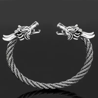 Produktbild von Männer Doppelkopf Drachen Armband, Nordische Wikinger Verstellbare Edelstahl Gold Splitter Manschette Cool Polierte Verdrehte Arm Ring Kabel Armreifen Heidnischer Schmuck