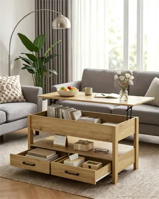 Produktbild von Salontisch mit Stauraum - Höhenverstellbar - Holz Beistelltisch - Multifunktionale Kaffeetisch
