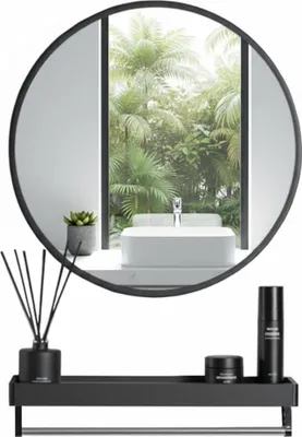 Produktbild von Runder Wandspiegel mit Ablage und Handtuchhalter – Badspiegel im Loft-Design zur Wandmontage – Ø 80 cm, Schwarz