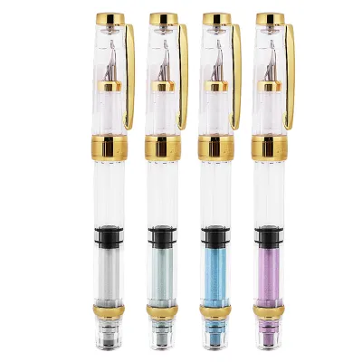 Image de 4 couleurs Stylo plume à piston Plume fine Stylo transparent Lot de 4 fournitures de bureau