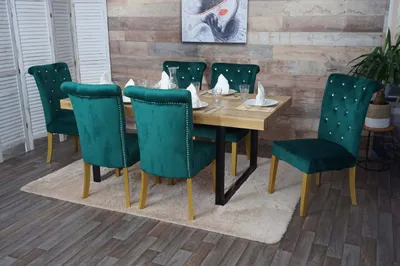 Immagine prodotto di set di 6 sedie da pranzo HWC-D22, sedia da cucina, velluto borchiato ~ verde scuro, gambe color oro