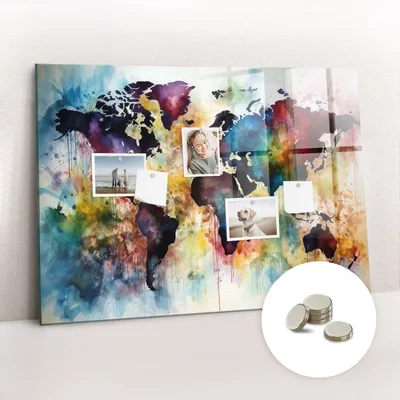 Obrázek produktu pro Magnetická Tabule na Zeď Skleněná - Memo Board Kleněnou Přední Stranou - 5 magnetů v balení - 100x70 cm - Akvarelová mapa