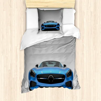 Produktbild von ABAKUHAUS Teen Zimmer Mantele, Sport Vehicle Auto, Milbensicher Allergiker geeignet mit Kissenbezügen, 135 cm x 200 cm - 80 x 80 cm, Blau Schwarz Grau