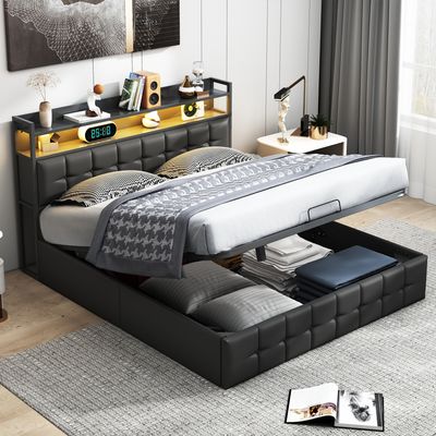 Łóżko tapicerowane Fortuna Lai 160x200cm z USB i gniazdkami, łóżko młodzieżowe podwójne ze stelażem listwowym i schowkiem, łóżko do przechowywania z LED, imitacja skóry , czarne