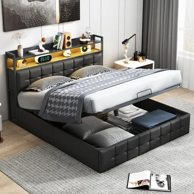 Produktbild von Čalouněná postel Fortuna Lai 160x200 cm s USB a zásuvkami, postel pro mladé manželská postel s roštem a úložným prostorem, úložná postel s LED diodou, Imitace kůže, černá barva