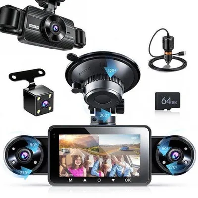Productafbeelding van 360° dashcam voor auto met 64G SD-kaart, 4-kanaals 3 inch IPS-scherm, dashcam 1080p, G-sensor, loopopname, 24 parkeerbewaking, nachtzicht