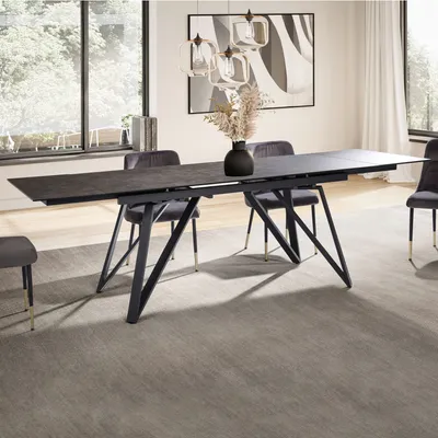 Produktbild von FineBuy Esstisch ausziehbar 180–260 cm Schwarz – Glas-Keramik Tischplatte – Esstisch mit geometrischem Metallgestell – kratzfest hitzebeständig