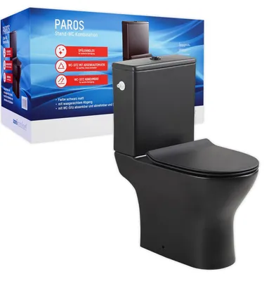 Produktbild von sanicomfort Stand-WC Kombination Paros spülrandlos mit Softclose WC-Sitz & Spülkasten schwarz | Tiefspüler mit waagerechtem Abgang | Komplett-WC Set Bodenstehend