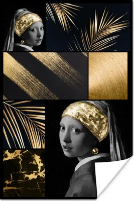 Produktbild von MuchoWow® Poster Collage - Schwarz - Gold - Mädchen mit Perlenohrring 20x30 cm - Papierdruck