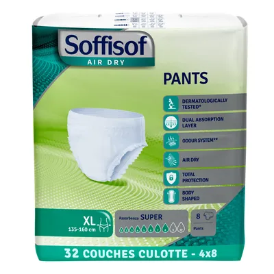 Image de Soffisof Air Dry Pants Super XL - 32x Culotte Incontinence Femme et Homme - 4 Paquets de 8 Pièces Couche Adulte, Absorption 8 Gouttes