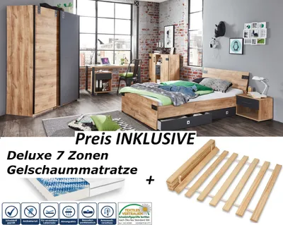 Produktbild von Jugendzimmer Liverpool 9 teilig in Plankeneiche und Graphit komplett Set inklusive Deluxe 7- Zonen Gelschaummatratze und Rollrost
